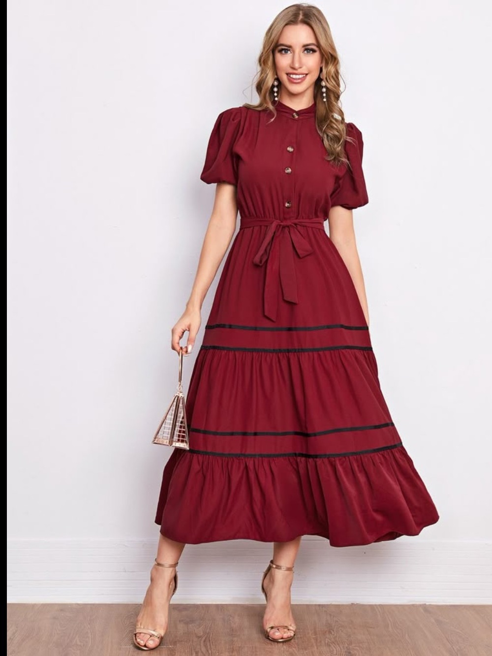 Red Button-Front Midi Dress with Contrasting Bands